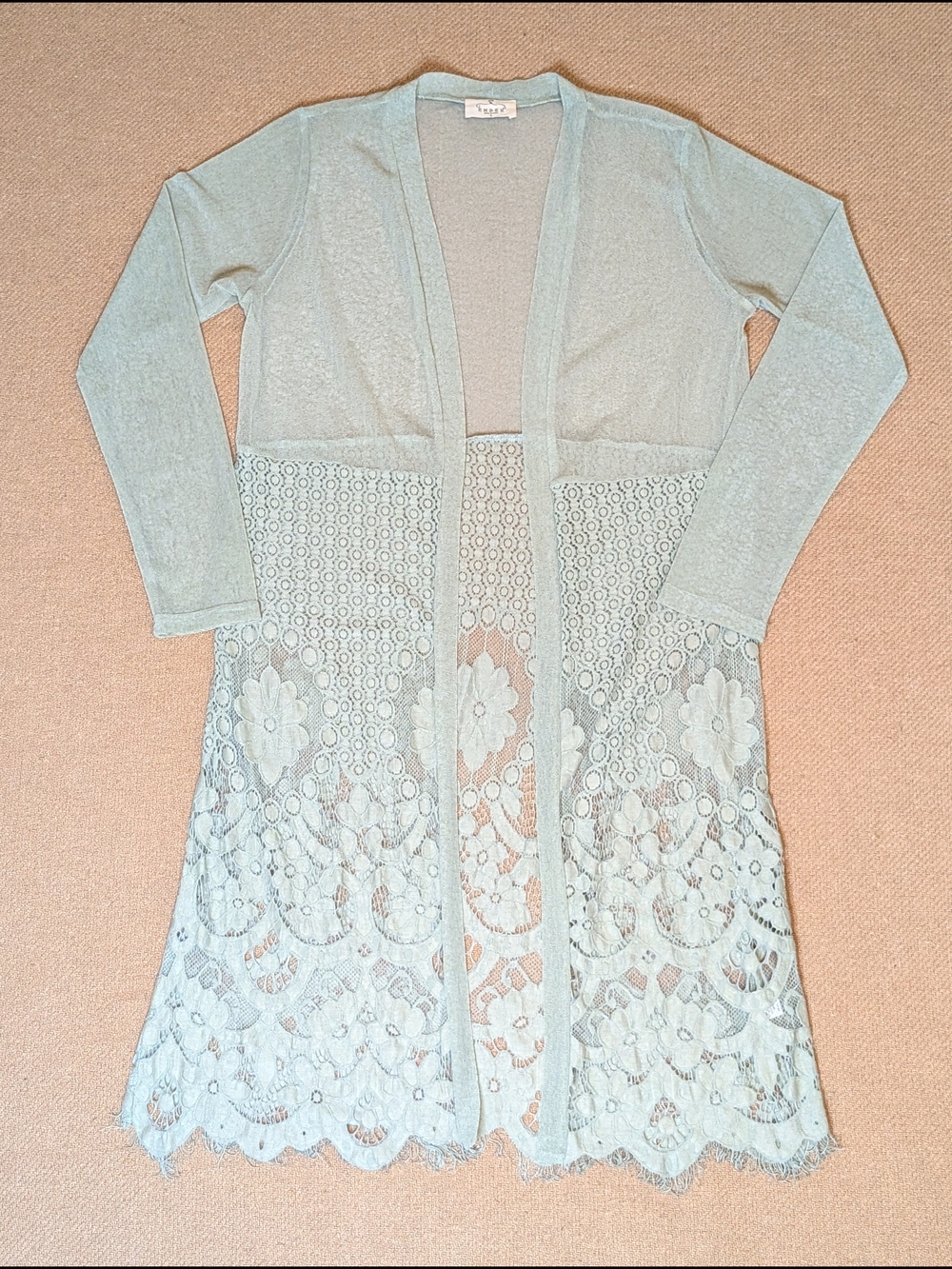 Ember Light Sage Mint Green Mesh Crochet Lace Long Open Front Cardigan